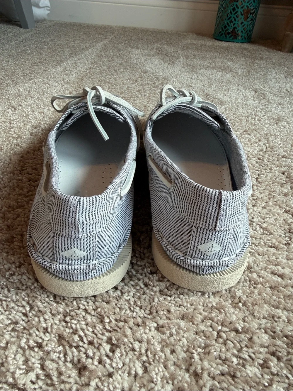 NWOT Sperry Light Gray Striped Canvas Boat Shoes